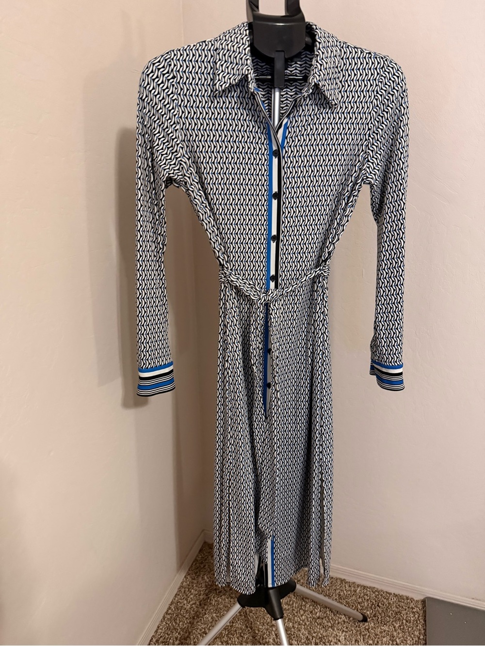 Worthington Navy and White Long-Sleeve Shirt Dress with Blue Trim